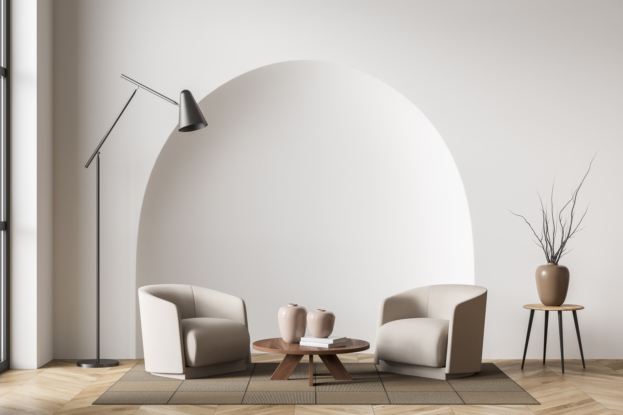 Copy space mockup wall in villa living room design interior, beige furniture on bright wall, hardwood flooring, armchair with lamp. Concept of relax. 3d rendering